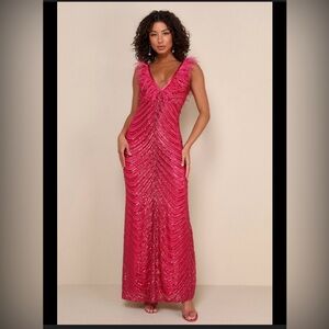 Lulus Luminous Muse Magenta Sequin Feather Backless Mermaid Maxi Prom Gala Dress